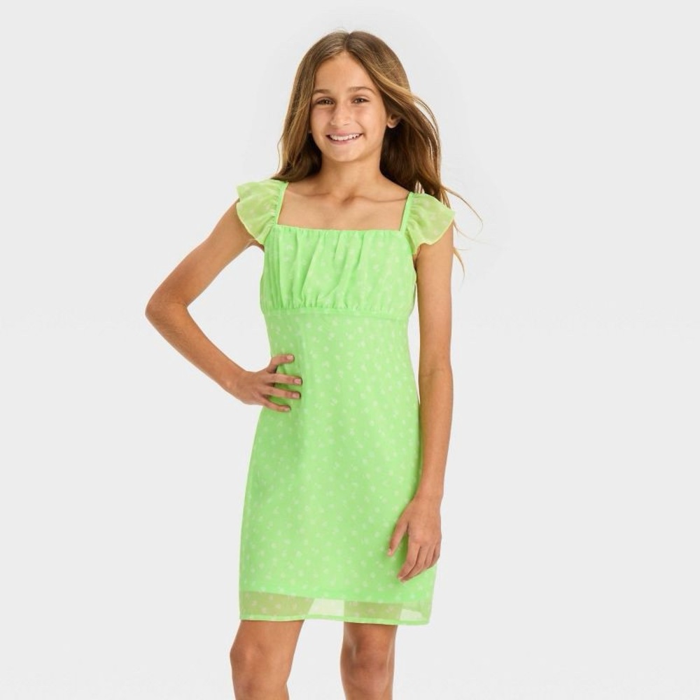 Art Class Girls' Green Ruched Bust Flutter Strap Chiffon Dress. Size S (6/7)
